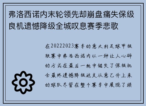弗洛西诺内末轮领先却崩盘痛失保级良机遗憾降级全城叹息赛季悲歌